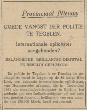1933-11-02 Nieuwe Venlosche courant – Politie Tegelen doet grote vangst oplichtster (1)